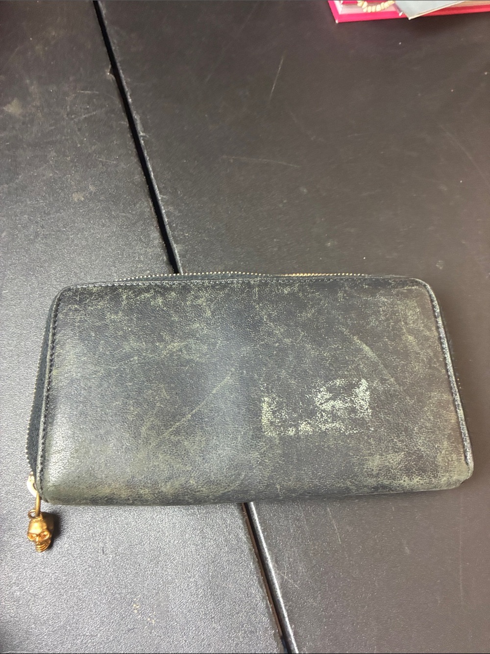 Alexander McQueen Black Leather Zip Around Wallet with Skull Pull Sold As Is